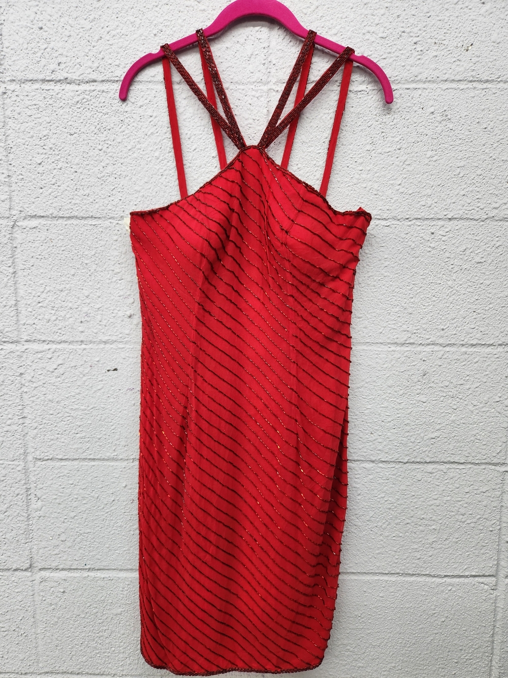 Vintage Red Beaded Strappy Cocktail Dress 90s